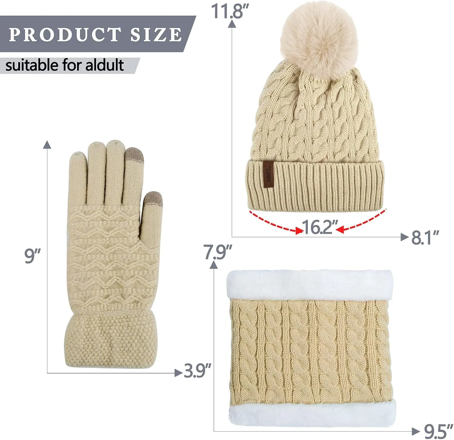 3Pcs Women's Winter Beanie, Hat Scarf and Touch Screen Gloves Sets