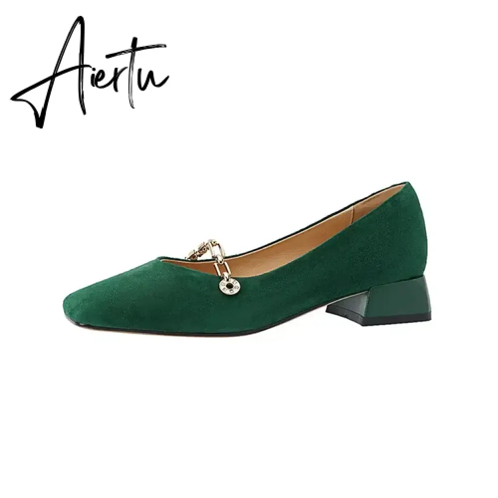 Aiertu Spring/Autumn Women Pumps Sheep Suede Leather Shoes for Women Square Toe Chunky Heel Women Shoes Chain Office Ladies High Heels