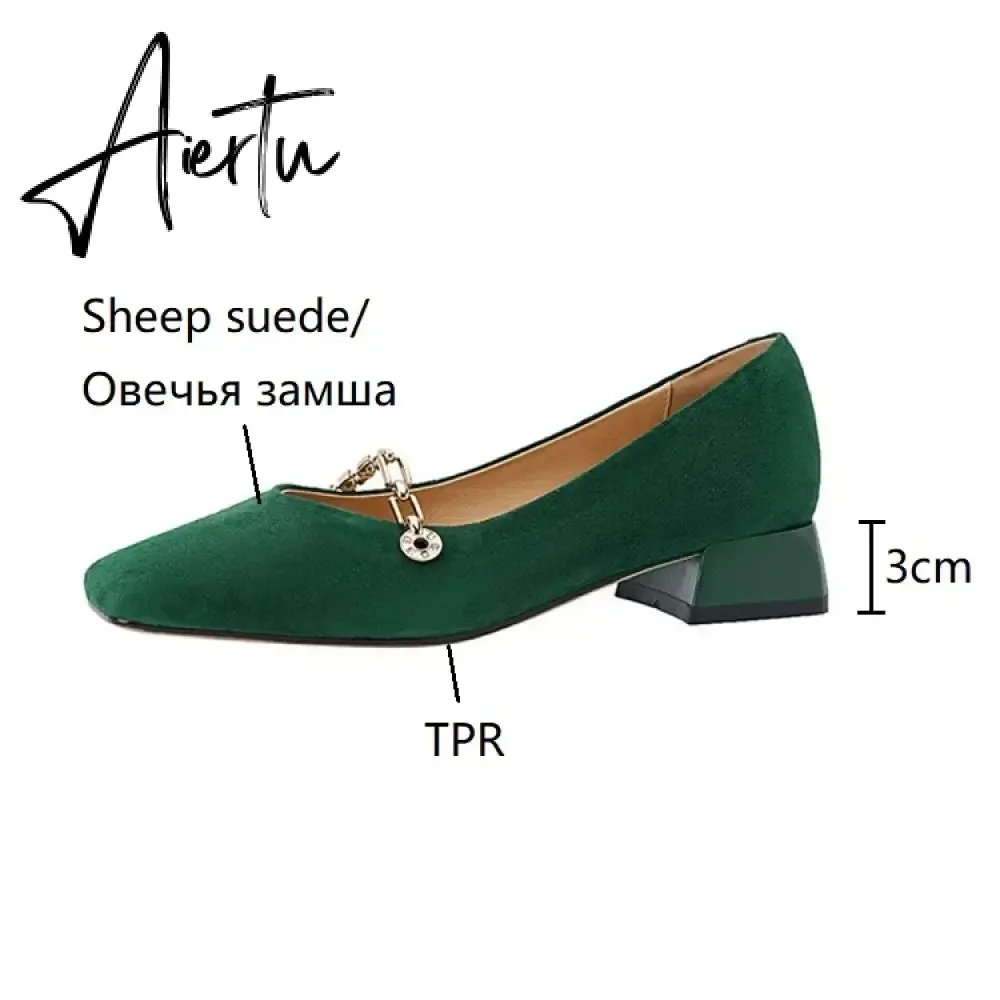 Aiertu Spring/Autumn Women Pumps Sheep Suede Leather Shoes for Women Square Toe Chunky Heel Women Shoes Chain Office Ladies High Heels