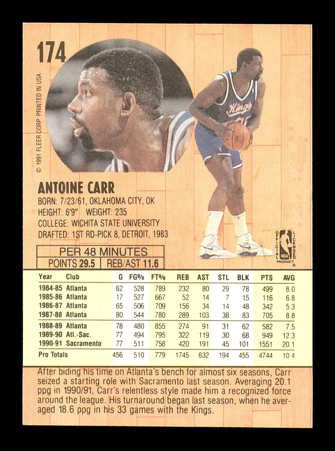 Antoine Carr Autographed 1991-92 Fleer Card #174 Sacramento Kings SKU #183306