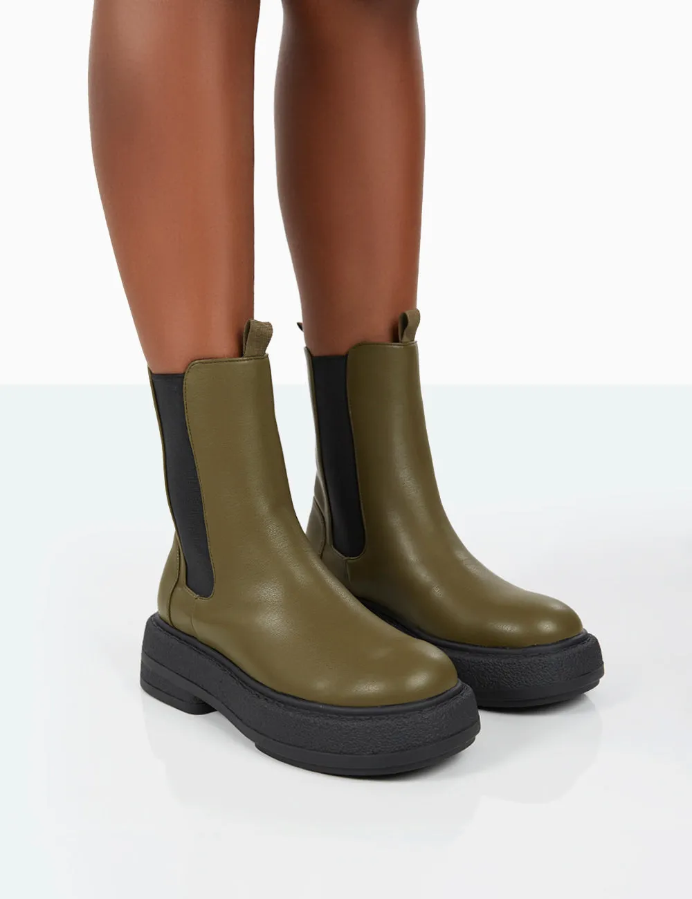 Barbie Dark Khaki Pu Platform Chunky Sole Chelsea Boots