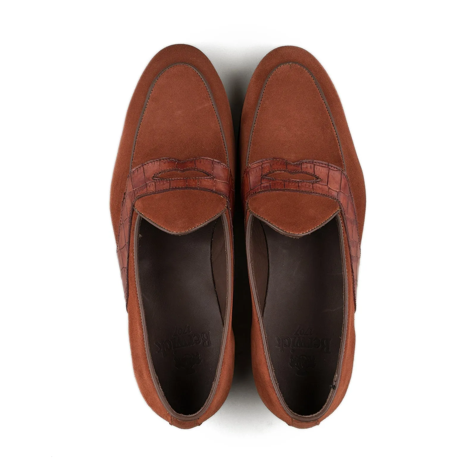 Belgian Penny Loafer - Sienna Suede w/ Faux Croc Strap