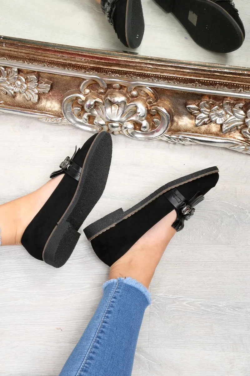 Black Faux Suede Embellished Front Flats - Jelisa