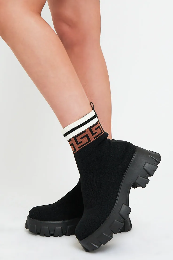 Black Patterned Ankle High Chunky Sole Sock Boots - Bana