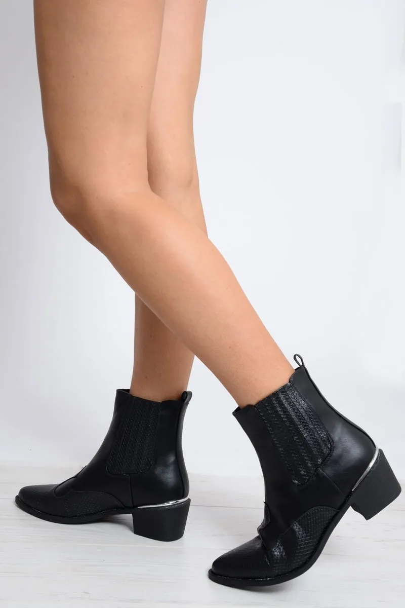 Black PU Cowboy Ankle Boots - Keko