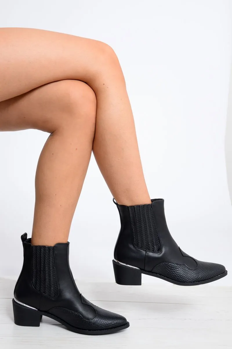 Black PU Cowboy Ankle Boots - Keko