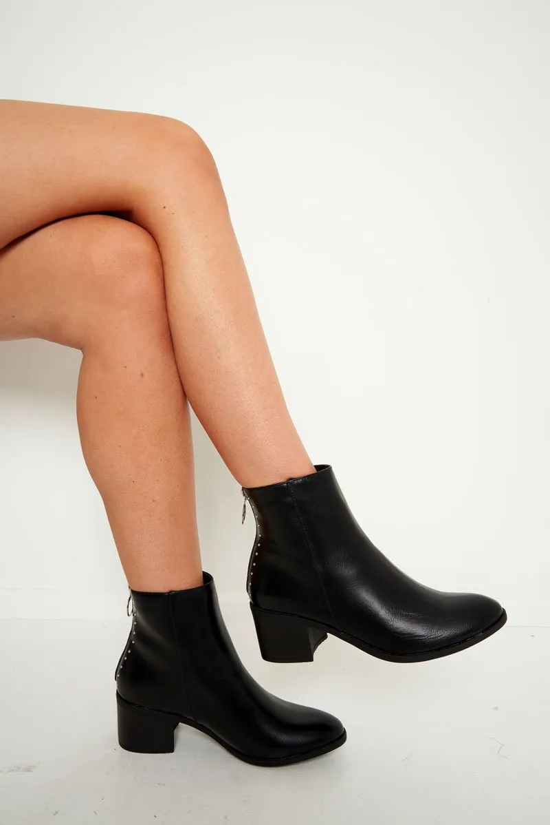 Black PU Stud Zip Back Ankle Boots - Koral