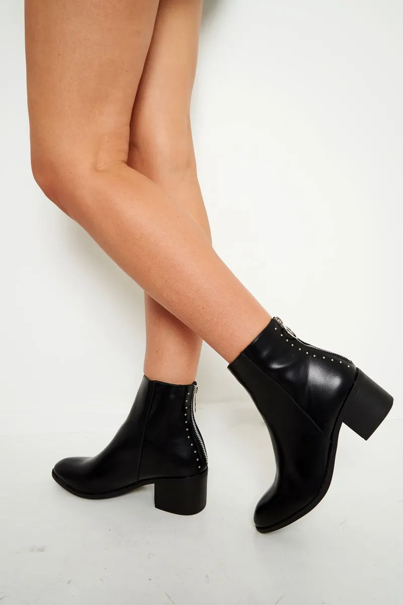 Black PU Stud Zip Back Ankle Boots - Koral