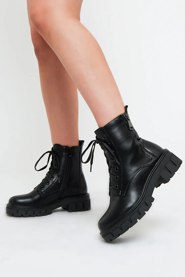 Black Side Zip Faux Leather Ankle High Boots - Hanan