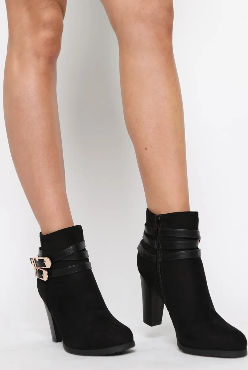 Black Suede Multi Strap Buckle Detail Ankle Boots - Kali