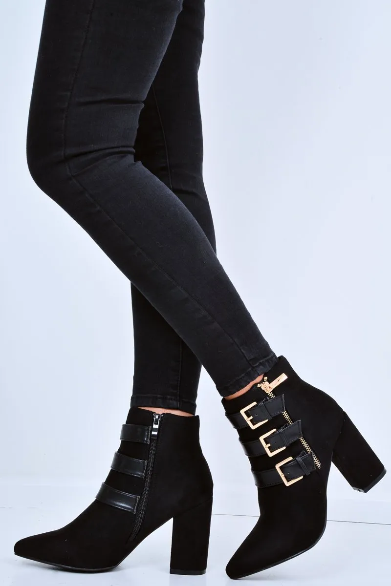 Black Triple Buckle Detail Ankle Boots - Ekaterina