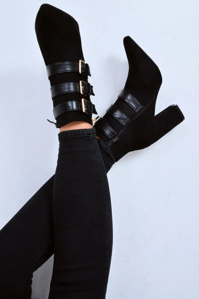 Black Triple Buckle Detail Ankle Boots - Ekaterina