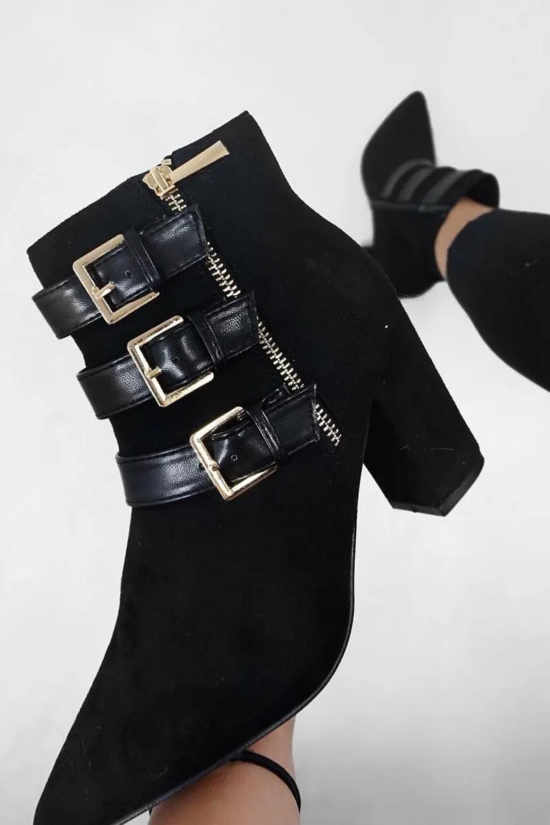 Black Triple Buckle Detail Ankle Boots - Ekaterina