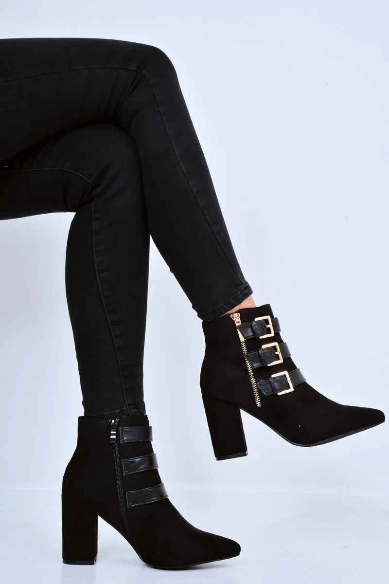 Black Triple Buckle Detail Ankle Boots - Ekaterina