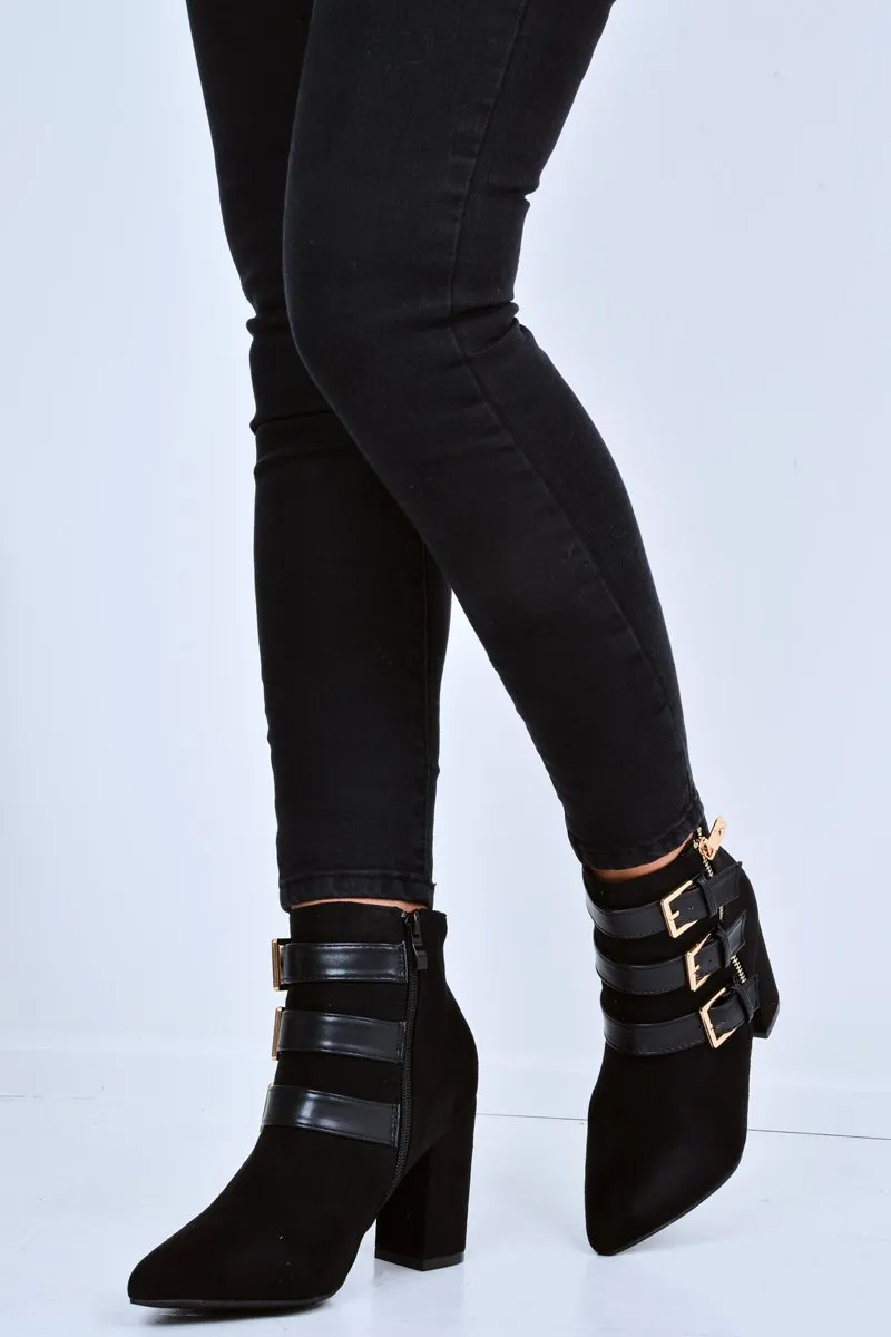 Black Triple Buckle Detail Ankle Boots - Ekaterina