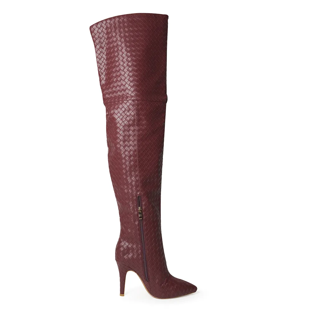 Cher Wine Woven Thigh High Boots