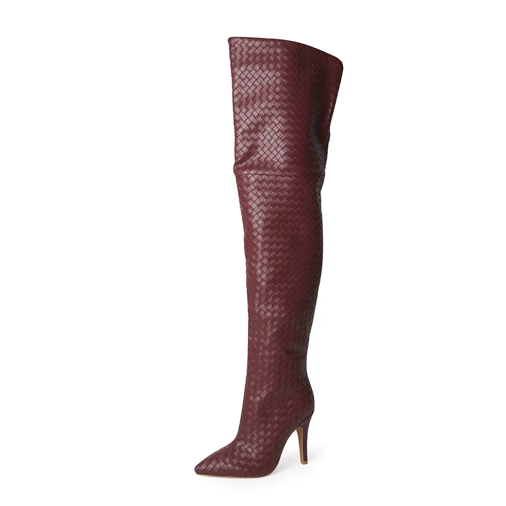 Cher Wine Woven Thigh High Boots