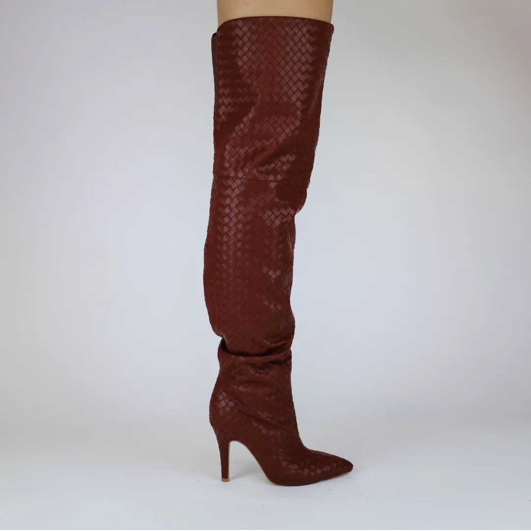 Cher Wine Woven Thigh High Boots