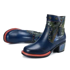 CrazycatZ Womens  Boots Floral Block Heel Leather Boots Colorful Leather Bootie Dark Blue