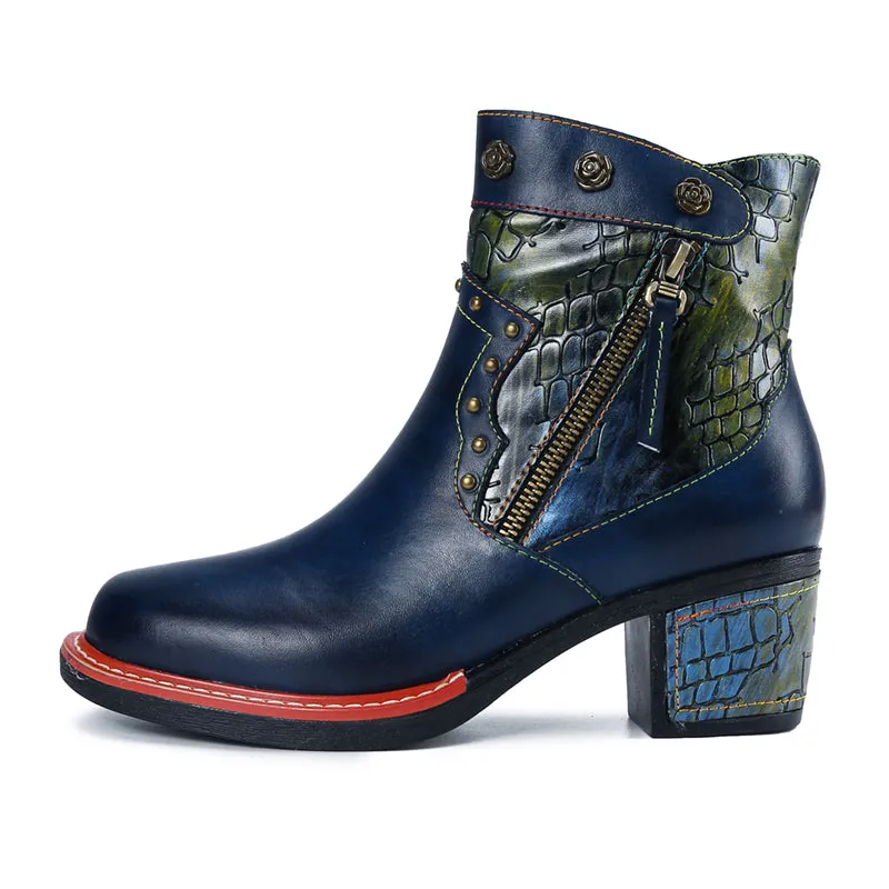 CrazycatZ Womens  Boots Floral Block Heel Leather Boots Colorful Leather Bootie Dark Blue