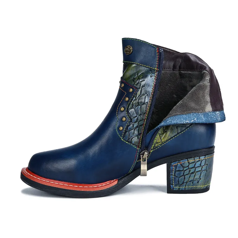 CrazycatZ Womens  Boots Floral Block Heel Leather Boots Colorful Leather Bootie Dark Blue