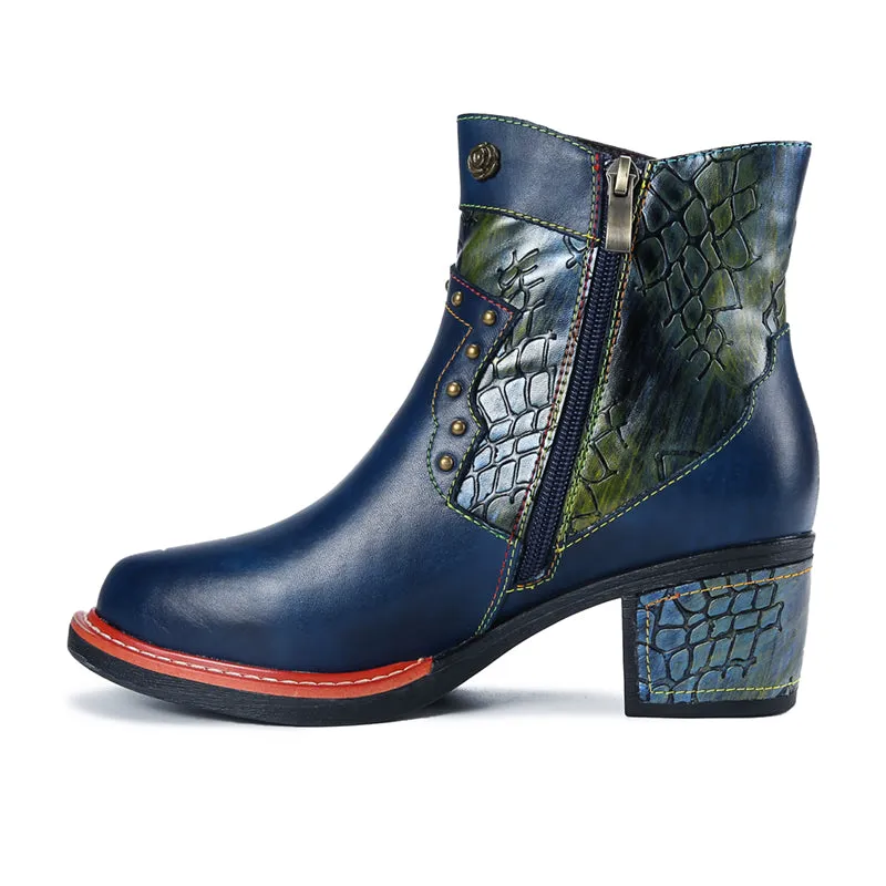 CrazycatZ Womens  Boots Floral Block Heel Leather Boots Colorful Leather Bootie Dark Blue