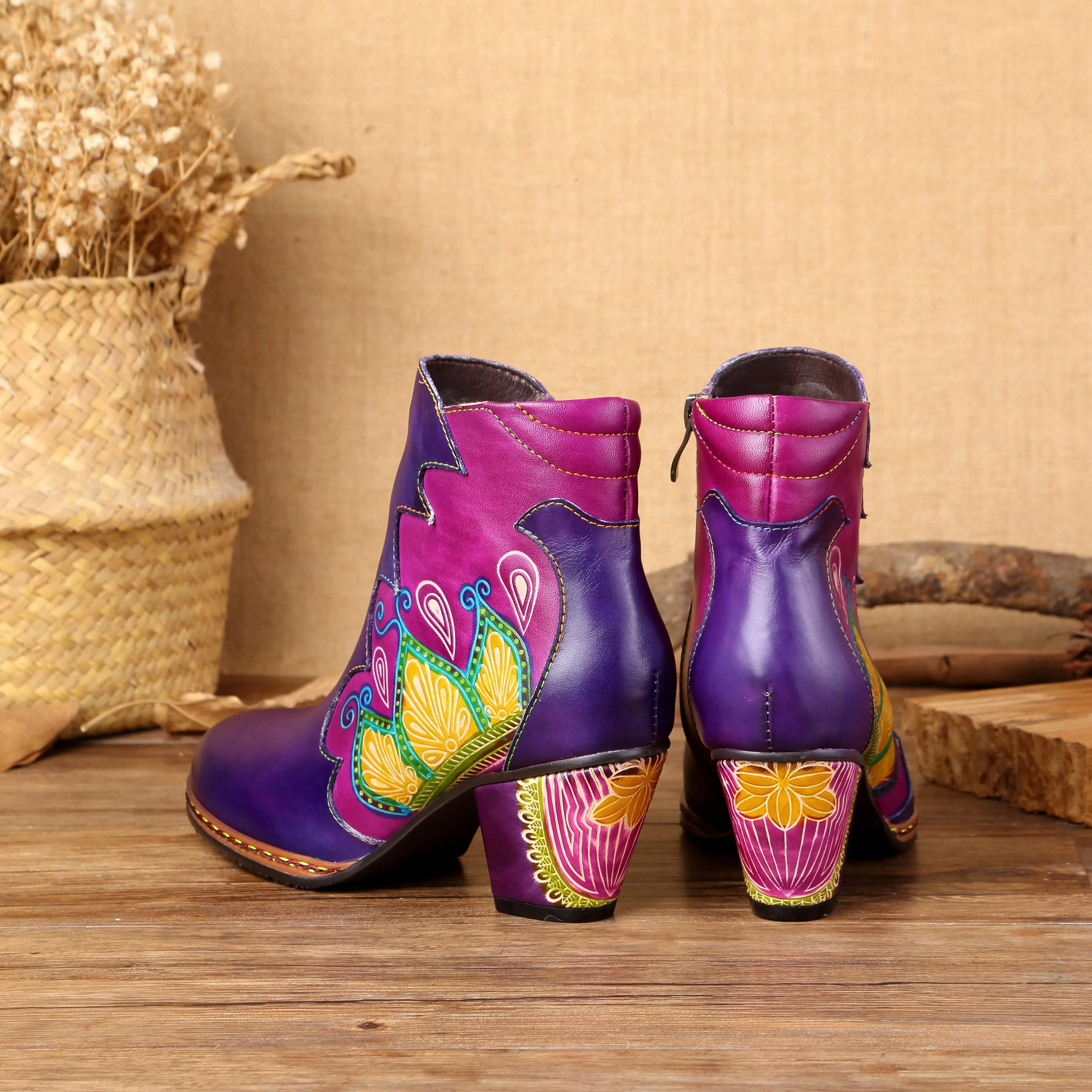 CrazycatZ Womens  Boots Floral Block Heel Leather Western Boots Colorful Leather Boots Purple