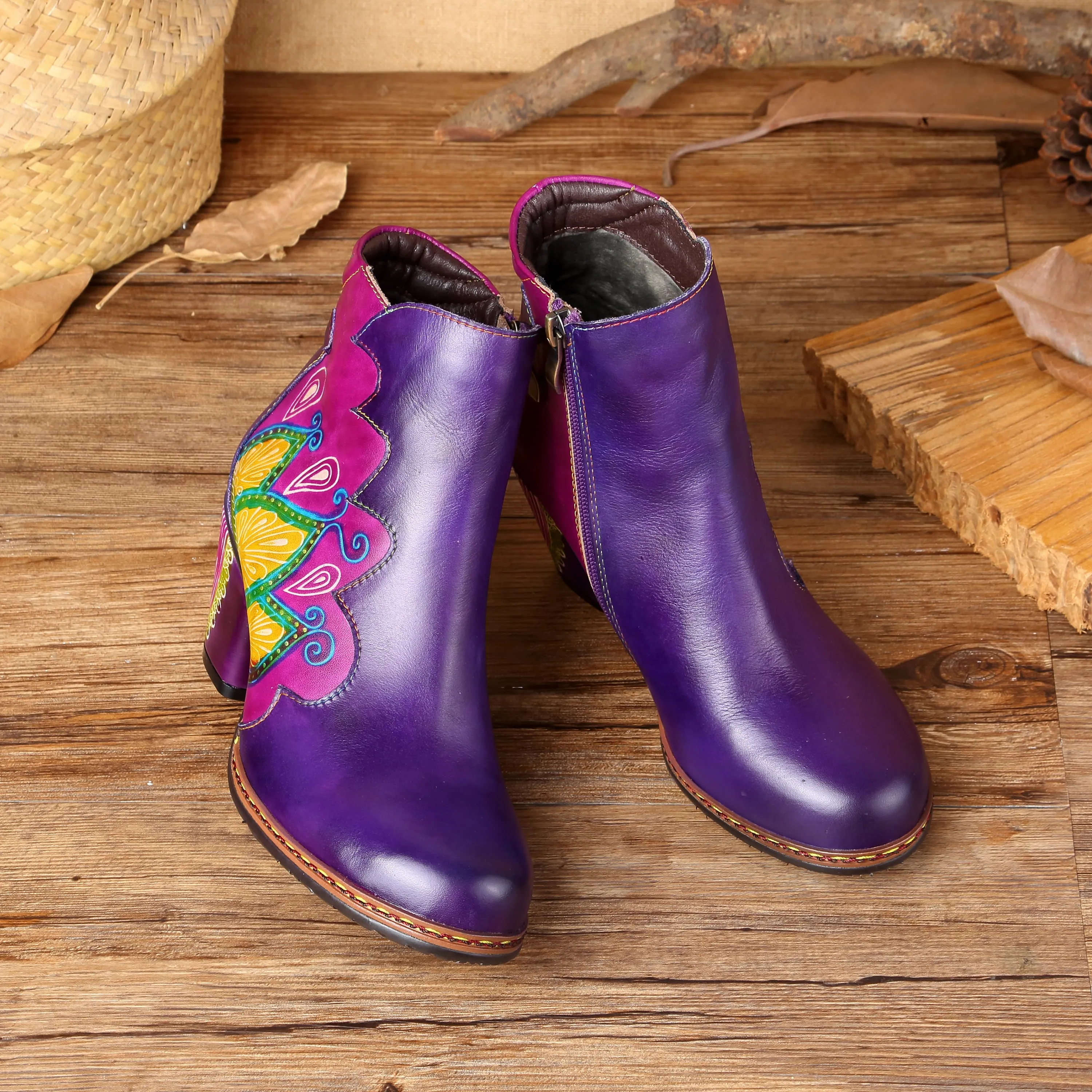 CrazycatZ Womens  Boots Floral Block Heel Leather Western Boots Colorful Leather Boots Purple