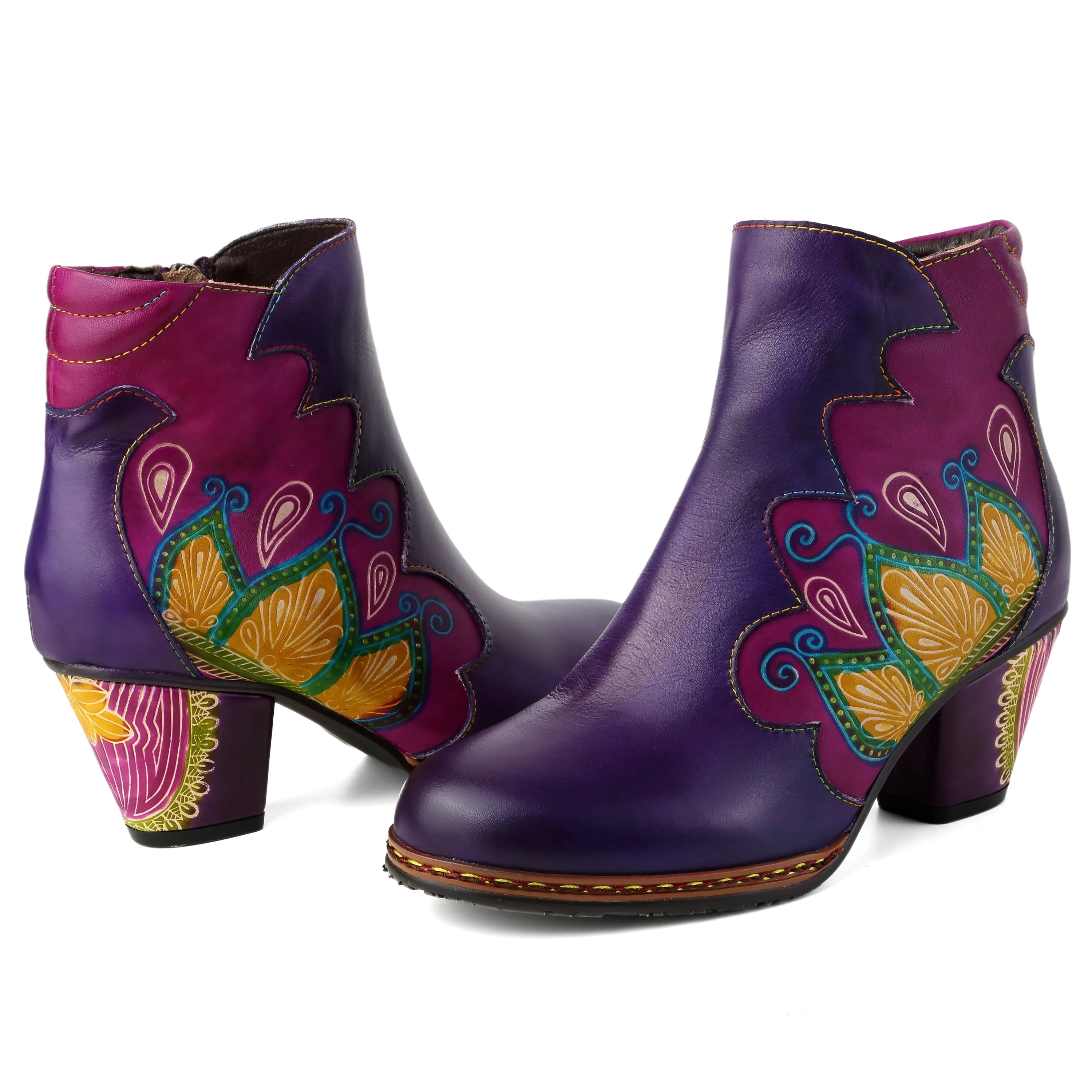 CrazycatZ Womens  Boots Floral Block Heel Leather Western Boots Colorful Leather Boots Purple