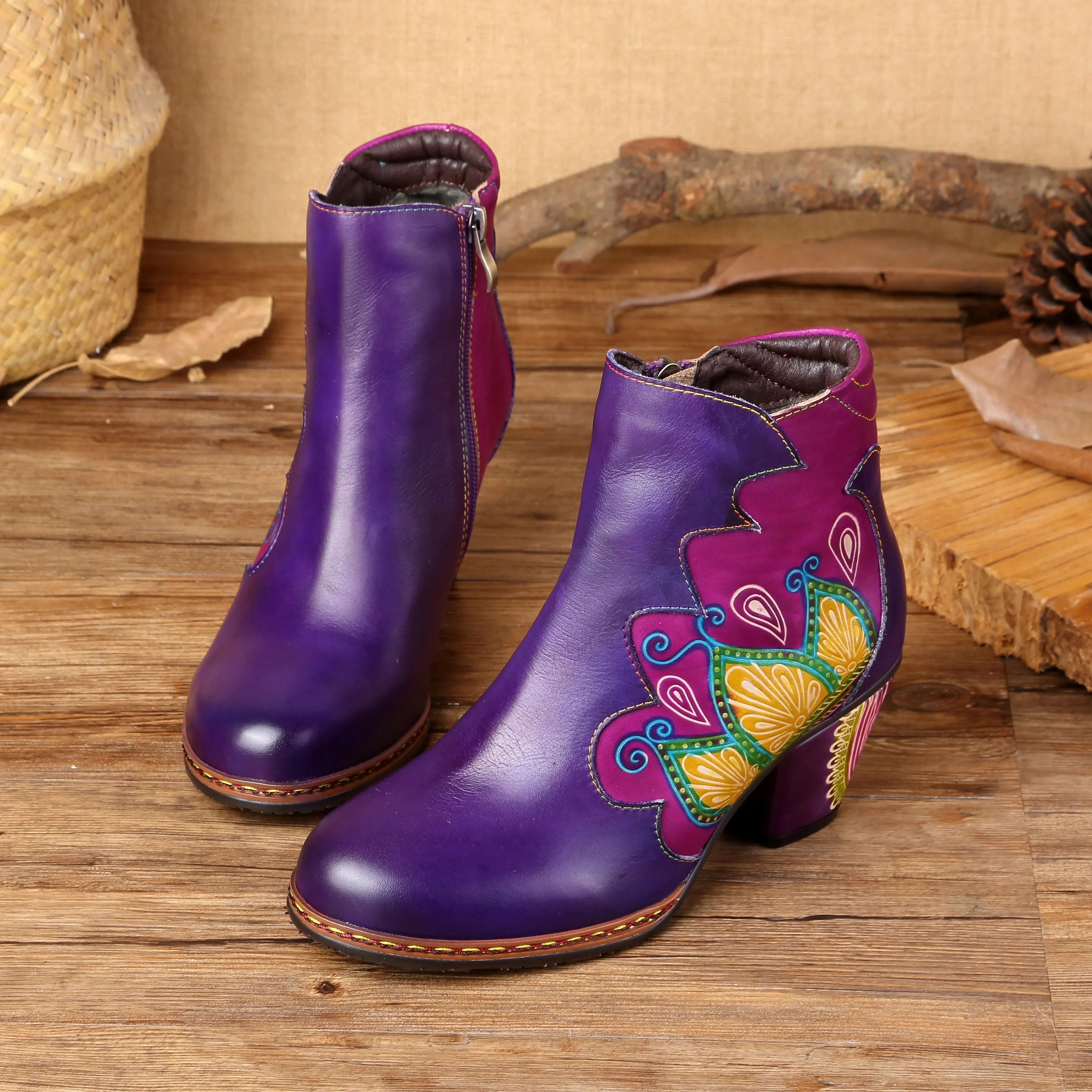 CrazycatZ Womens  Boots Floral Block Heel Leather Western Boots Colorful Leather Boots Purple