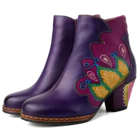 CrazycatZ Womens  Boots Floral Block Heel Leather Western Boots Colorful Leather Boots Purple