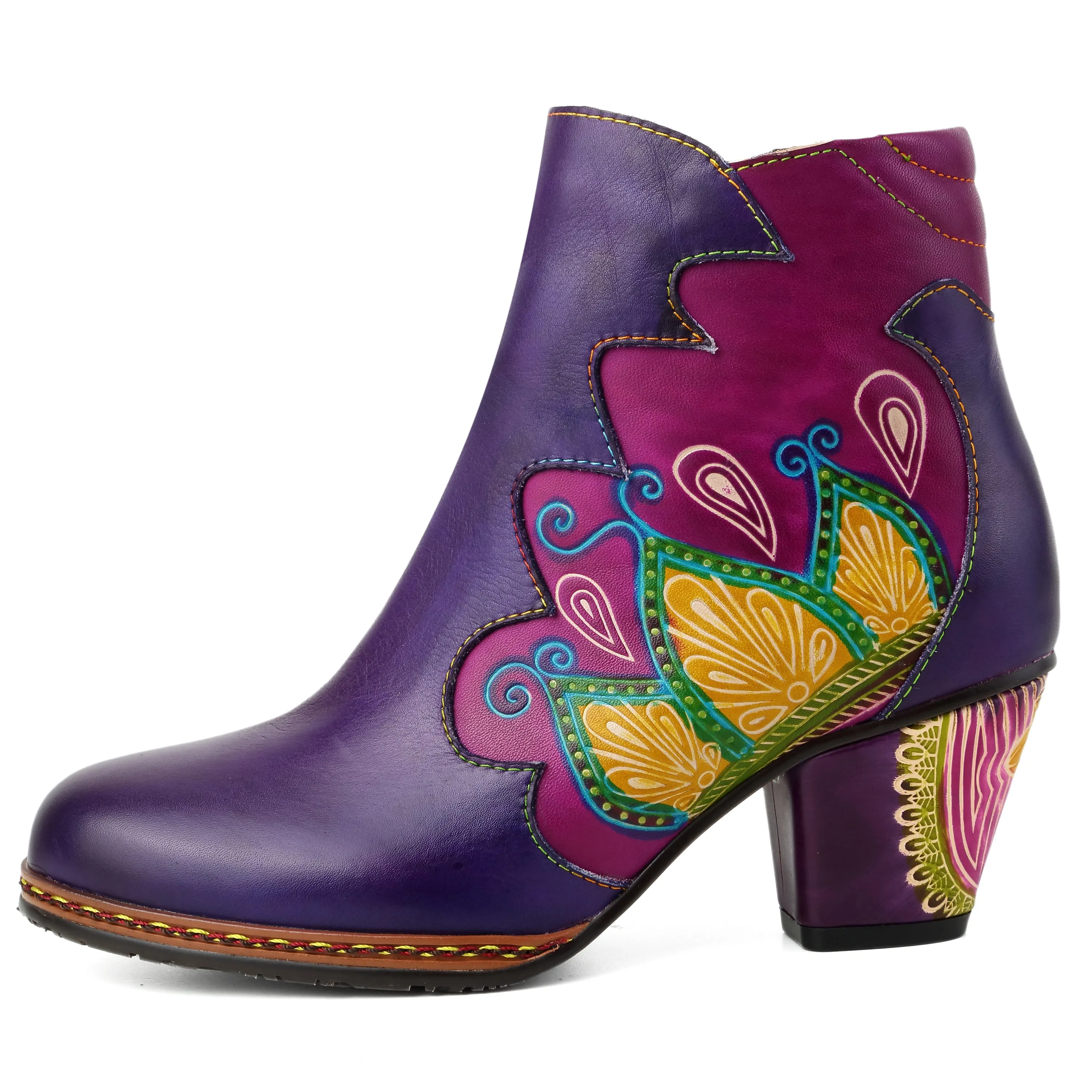 CrazycatZ Womens  Boots Floral Block Heel Leather Western Boots Colorful Leather Boots Purple