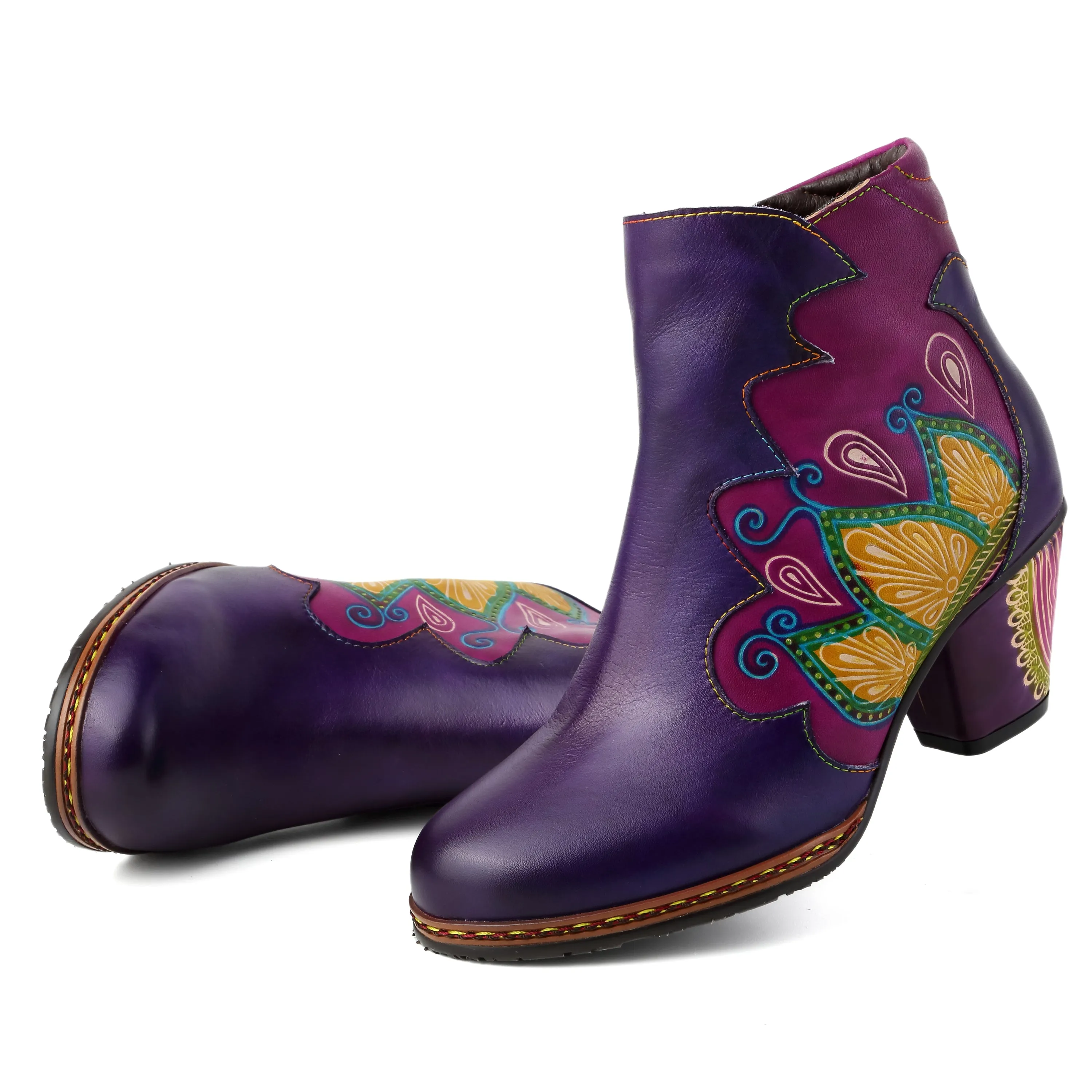 CrazycatZ Womens  Boots Floral Block Heel Leather Western Boots Colorful Leather Boots Purple