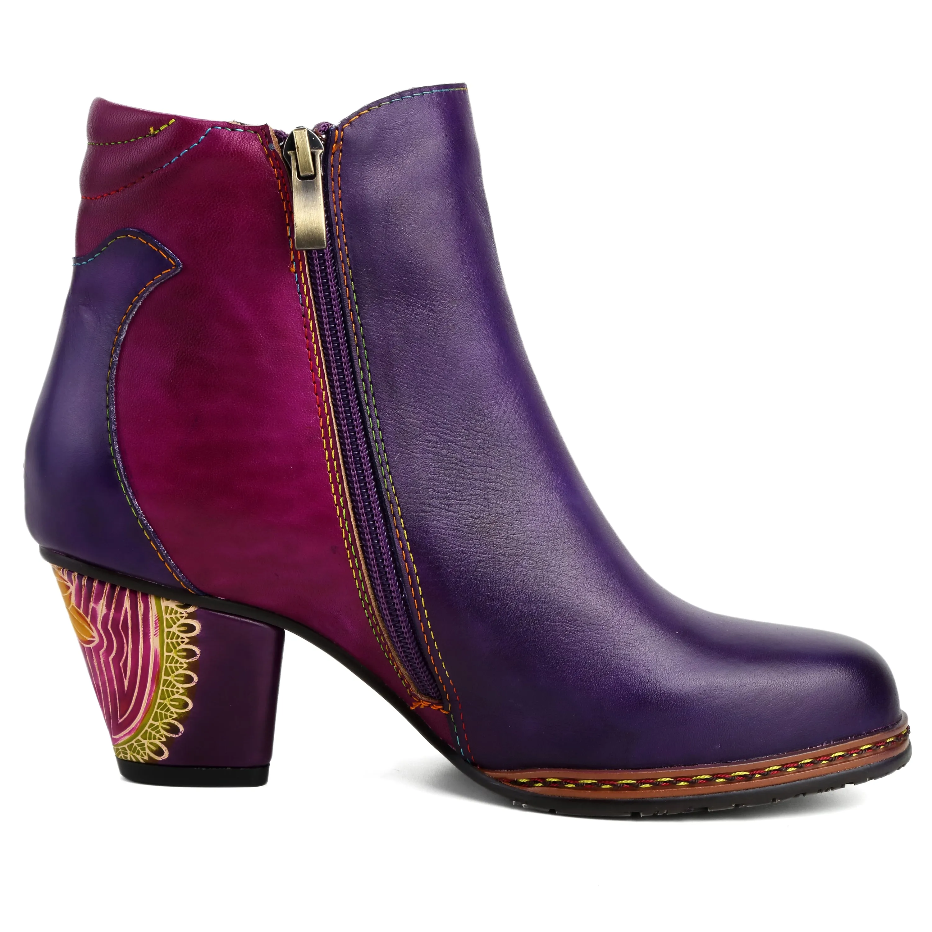 CrazycatZ Womens  Boots Floral Block Heel Leather Western Boots Colorful Leather Boots Purple