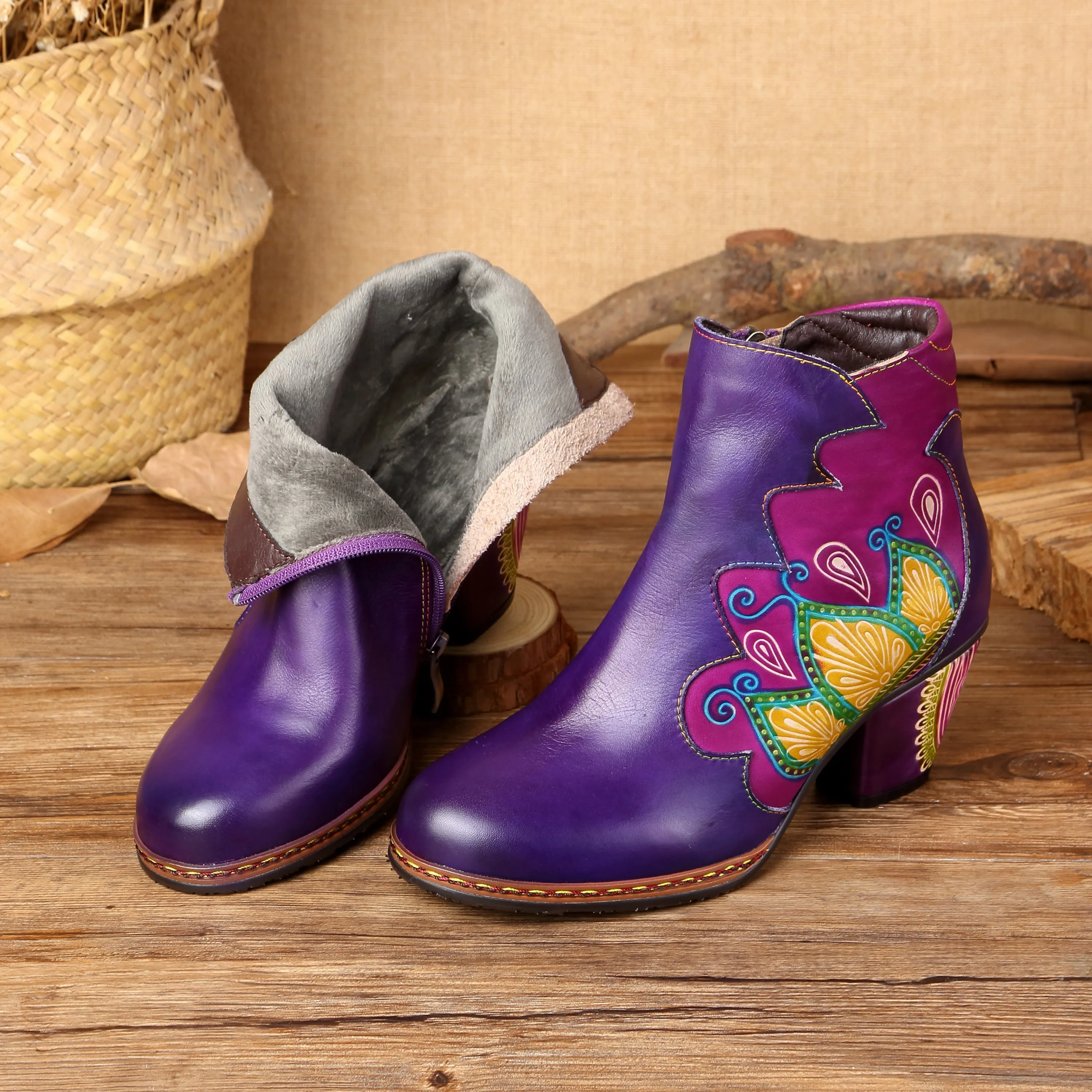 CrazycatZ Womens  Boots Floral Block Heel Leather Western Boots Colorful Leather Boots Purple