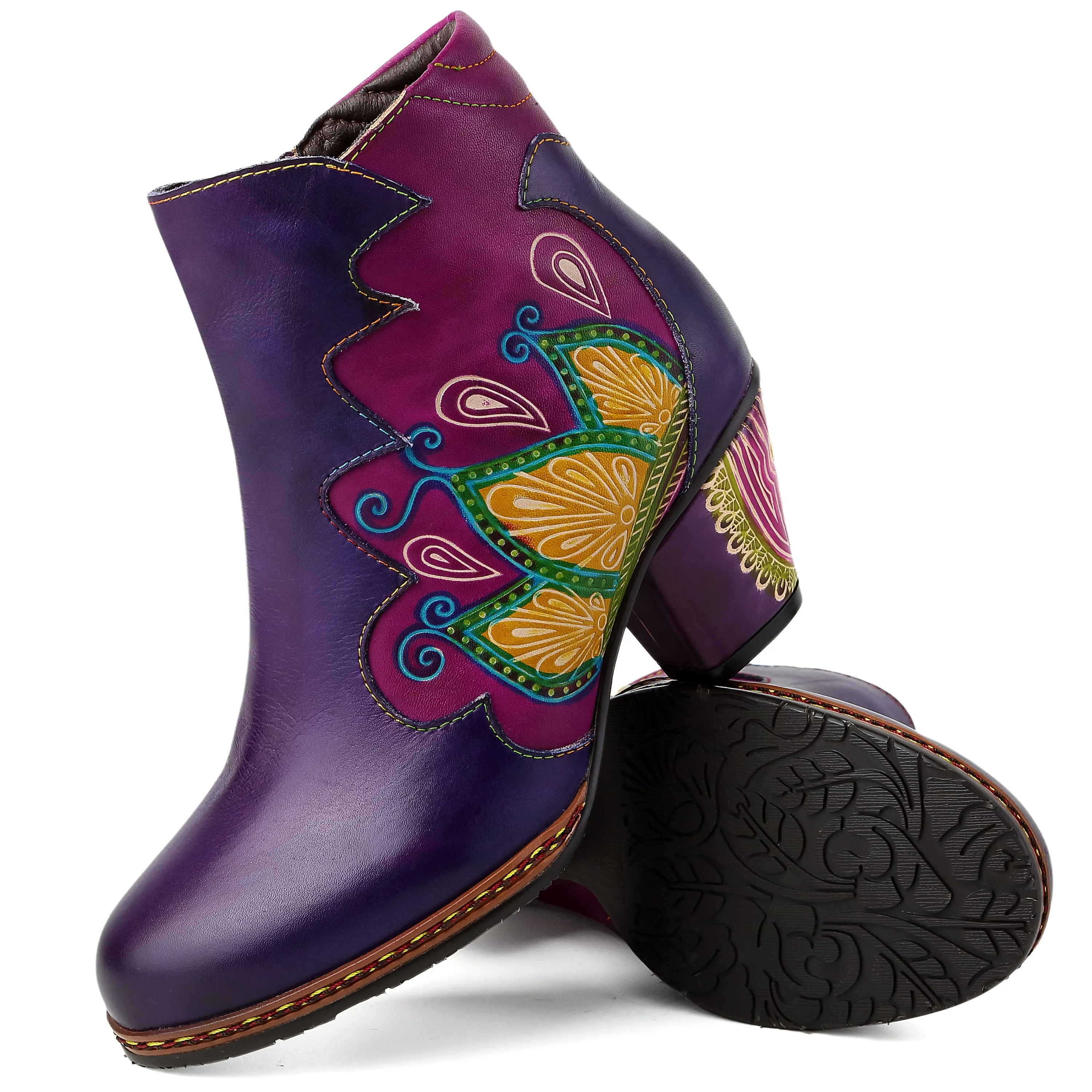 CrazycatZ Womens  Boots Floral Block Heel Leather Western Boots Colorful Leather Boots Purple