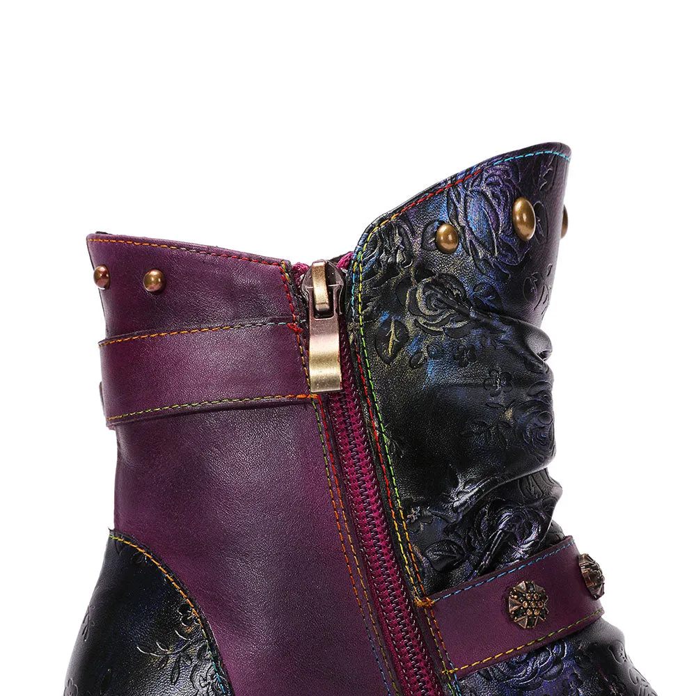 CrazycatZ Womens Leather Ankle Boots Bohemian Block Heel Colorful Floral Leather Boots Purple