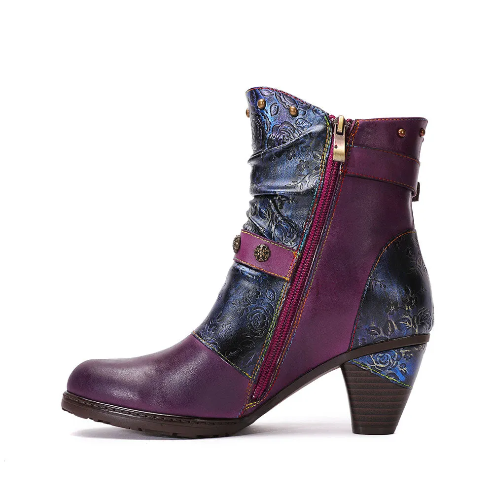 CrazycatZ Womens Leather Ankle Boots Bohemian Block Heel Colorful Floral Leather Boots Purple