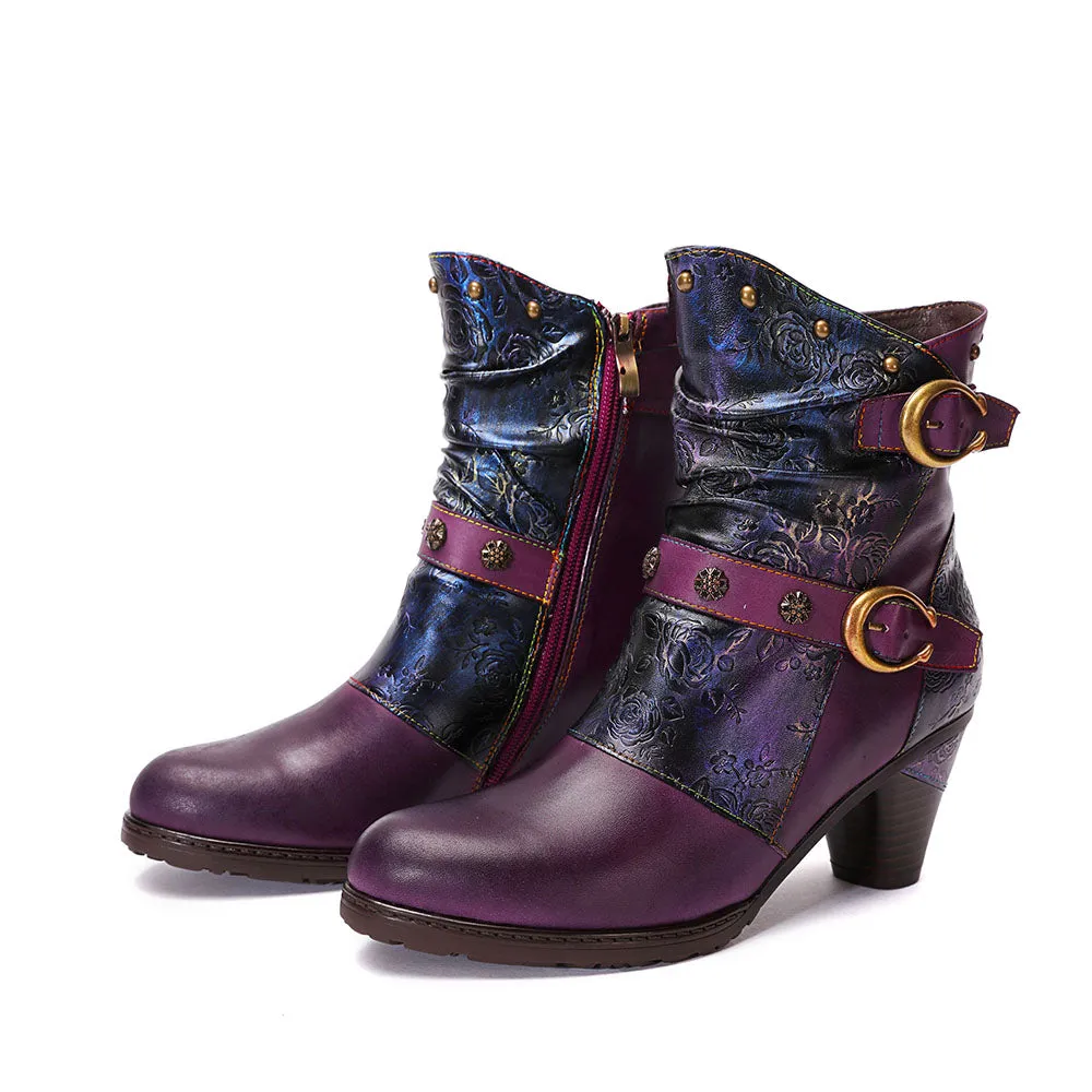 CrazycatZ Womens Leather Ankle Boots Bohemian Block Heel Colorful Floral Leather Boots Purple