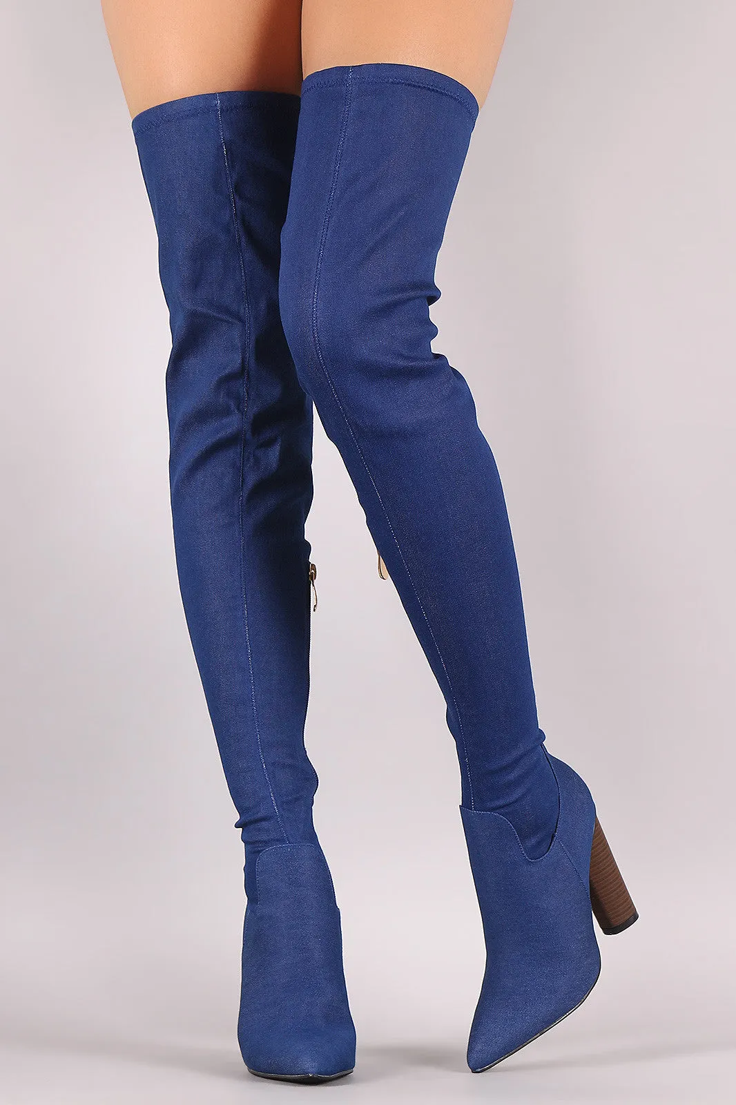 Denim Fitted Pointy Toe Round Heeled OTK Boots