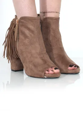 Donna Khaki Suede Tassel Peep Toe Boots