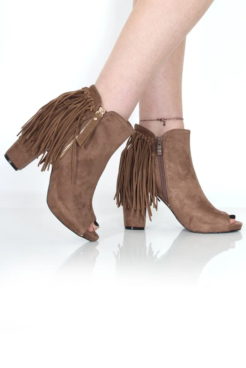 Donna Khaki Suede Tassel Peep Toe Boots