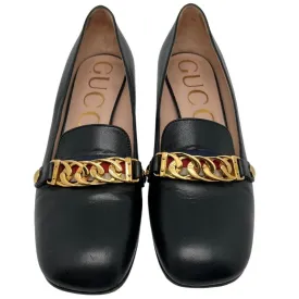 Gucci Sylvie Web Chain Mid Heel Loafers