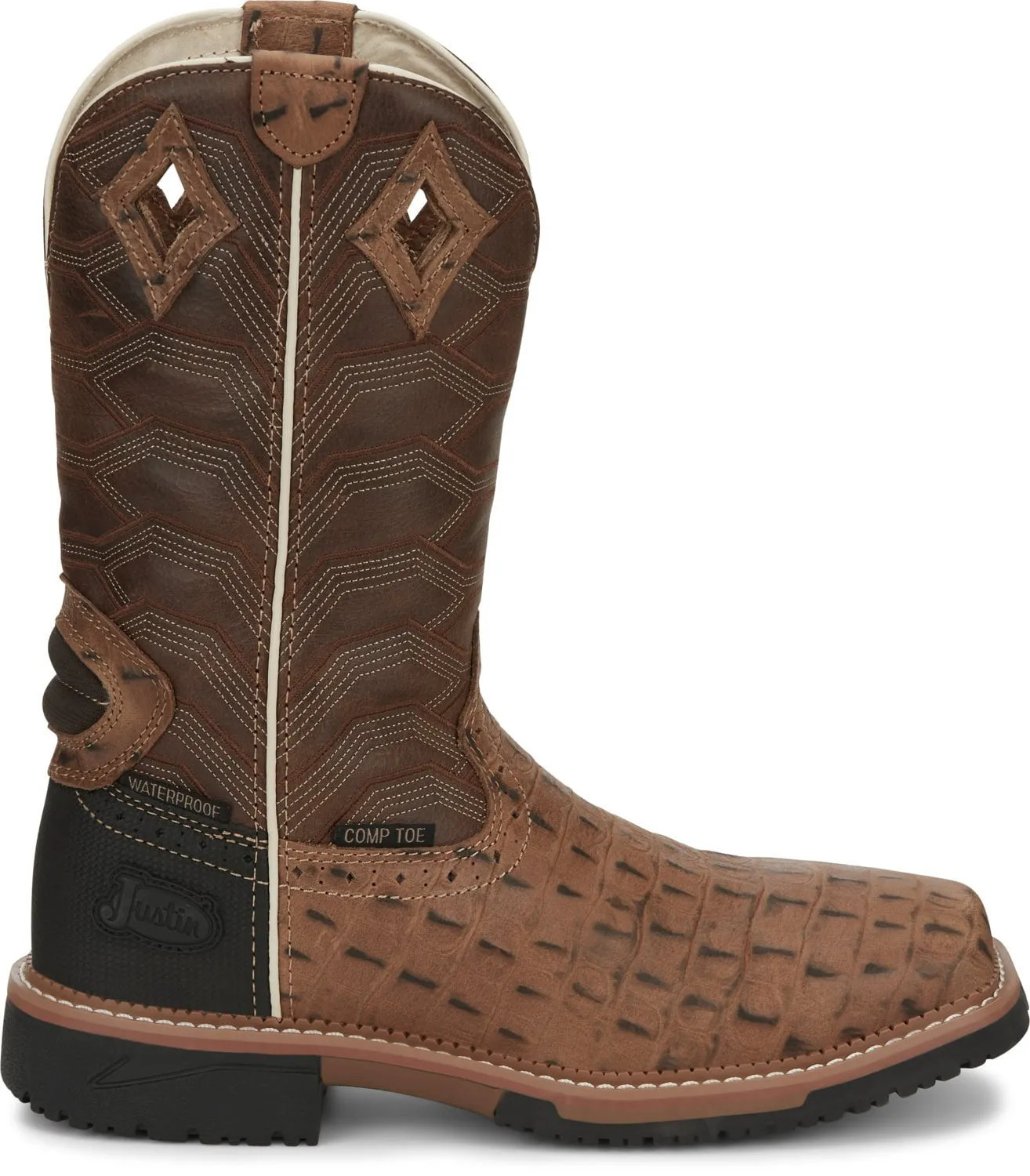 Justin 12in Croc Print Mens Caramel Derrickman Leather Work Boots