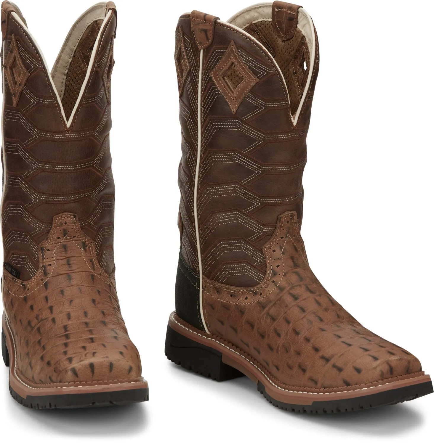 Justin 12in Croc Print Mens Caramel Derrickman Leather Work Boots