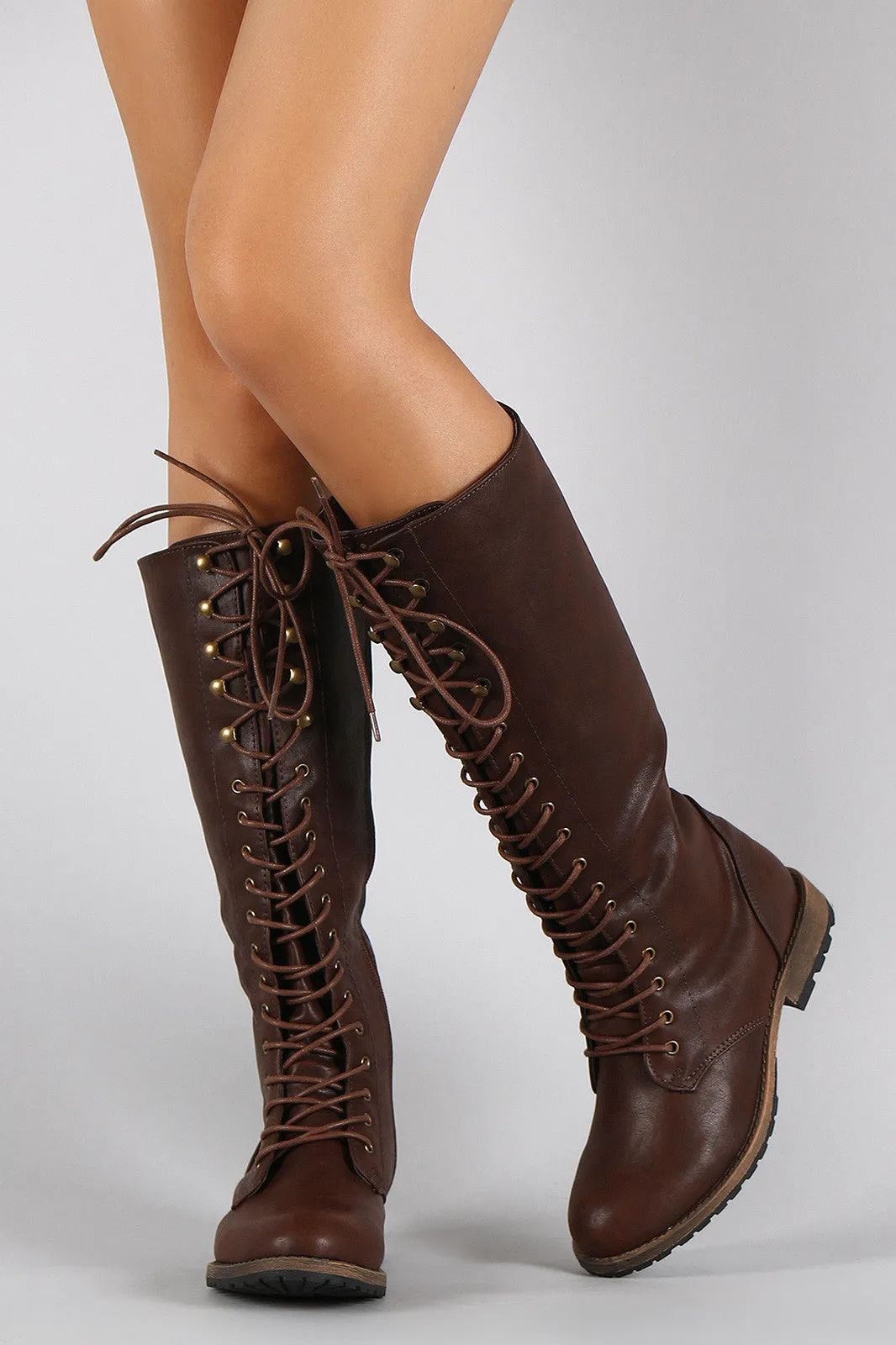 Lace Up Flat Knee High Combat Boot