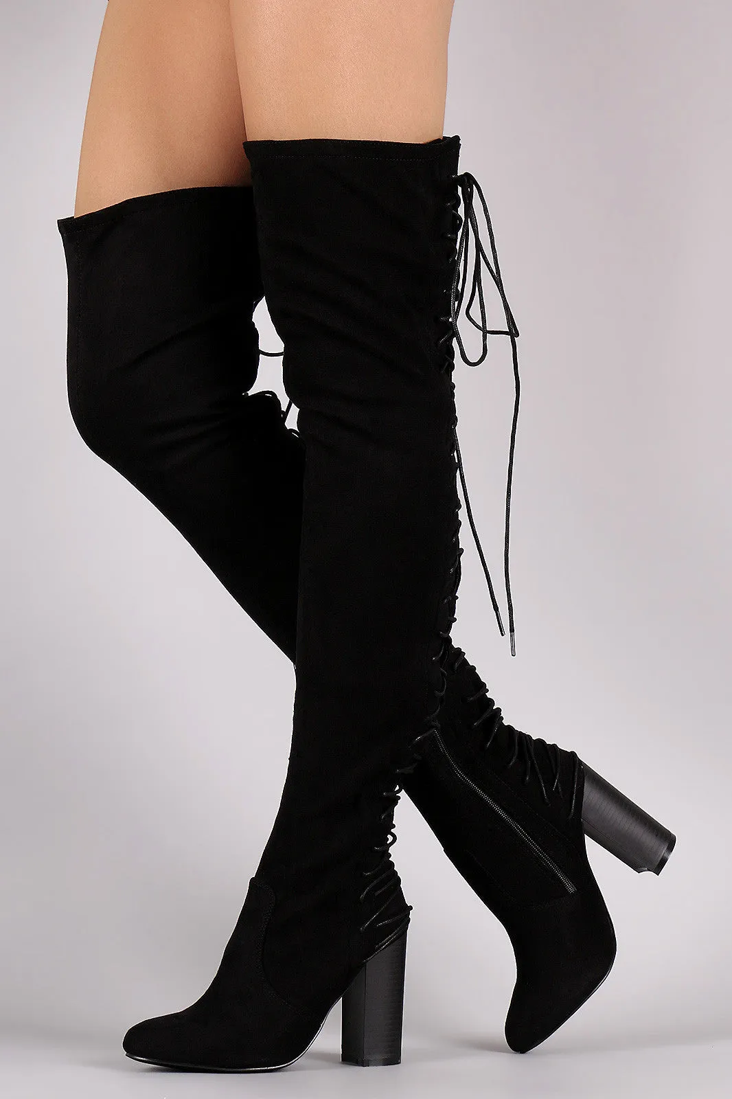 Over-The-Knee Back Corset Chunky Heel Boots