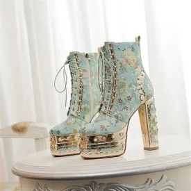 Platform Ankle Boots with Floral Pattern