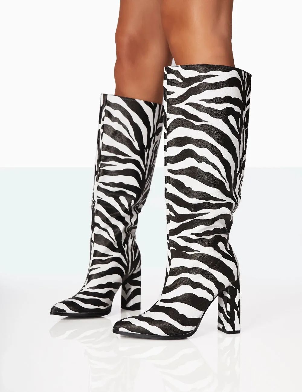 Posie Zebra PU Knee high Block Heel Boots