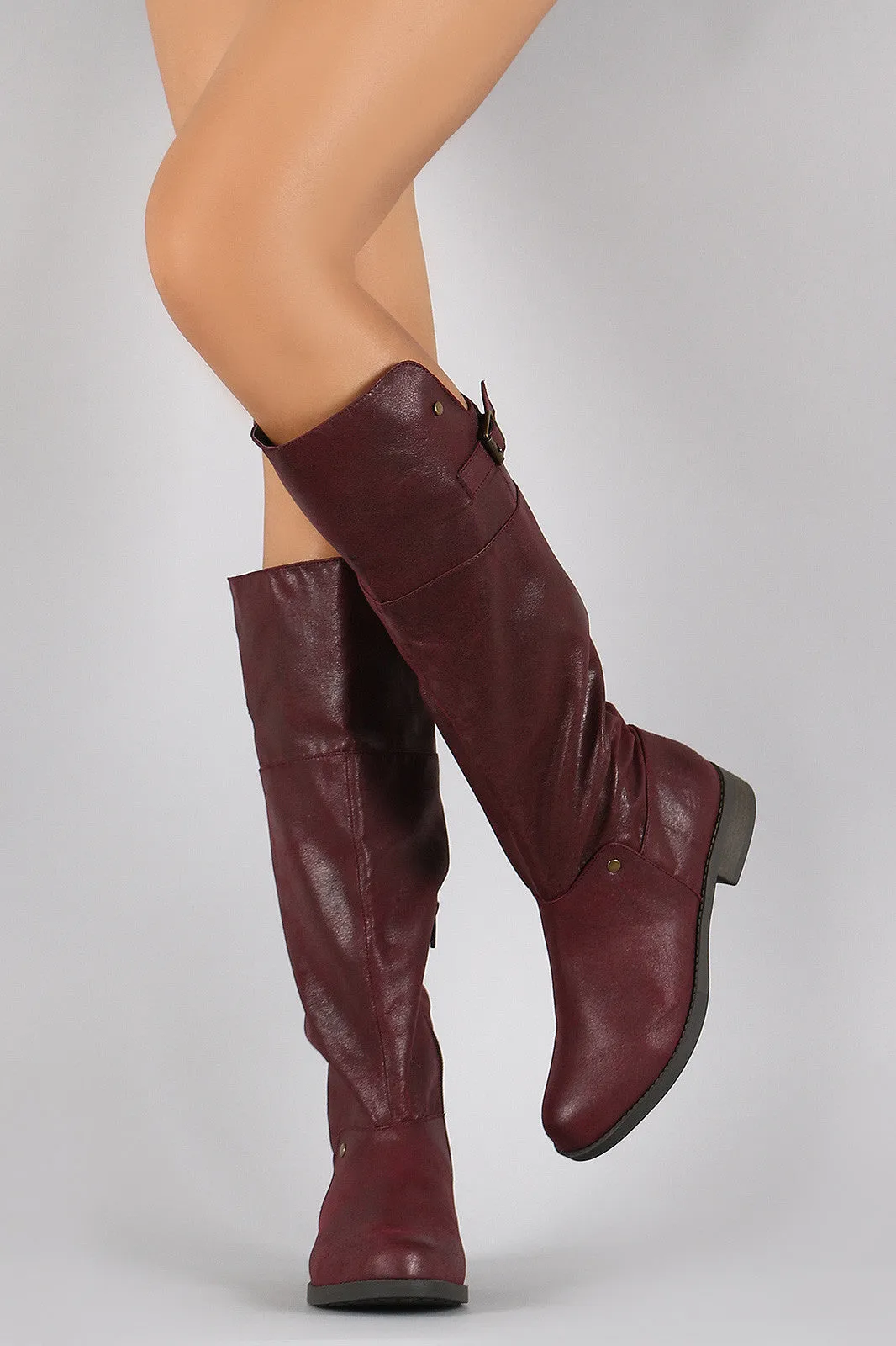 Qupid Burnished Buckle Round Toe Riding Knee High Boot